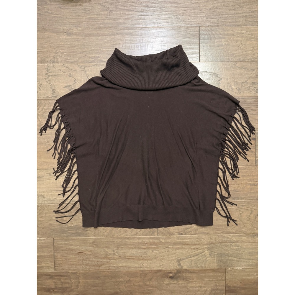 Michael Kors Poncho Sweater Womens XL Brown Cotton Blend Fringe Cowl Neck Boho